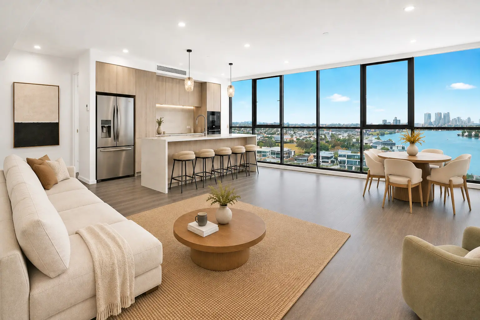 Furnished Boutique residence living room and kitchen with water outlook