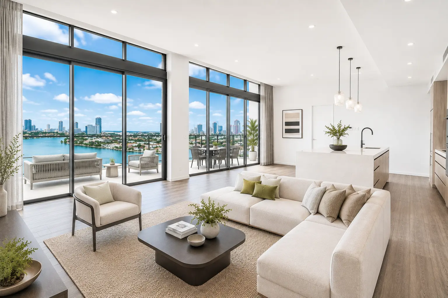Premium furnished Boutique residence living room and kitchen with expansive water views