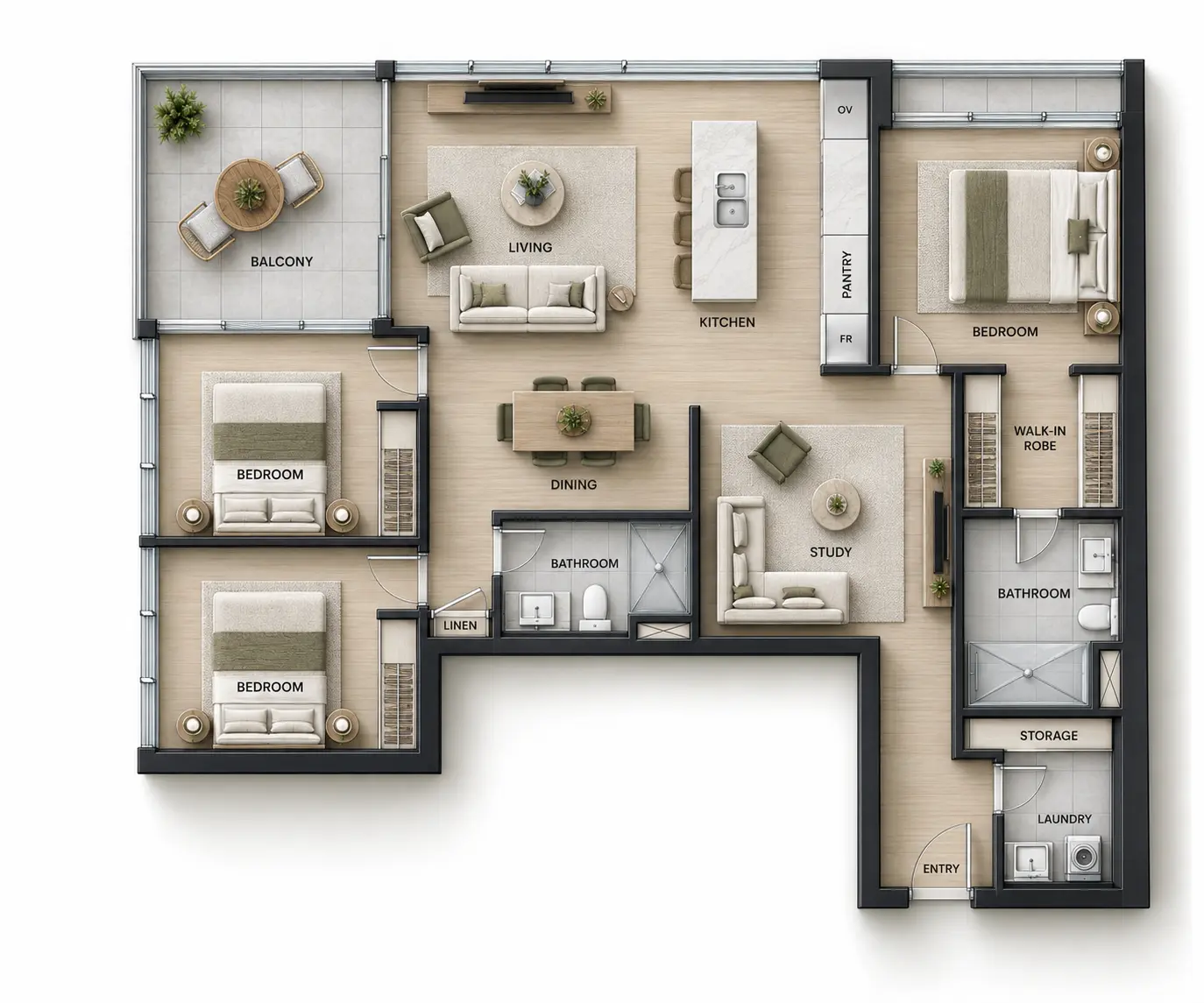 Furnished plan illustration for Residence 1002